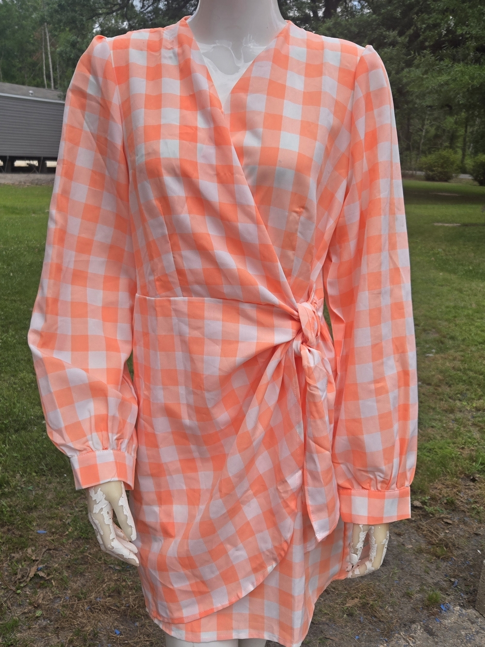 Orange and White Gingham Wrap Dress